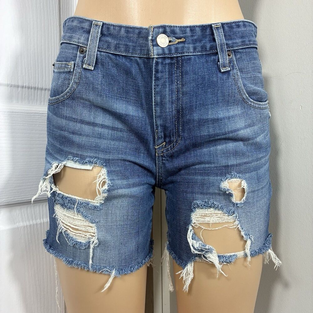 Mossimo Womens Boyfriend Shorts Sz 4 mid Rise Denim Distressed raw hem